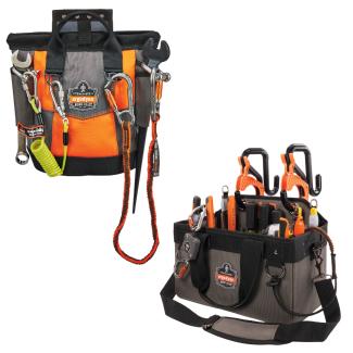 Arsenal 5527 At-Heights Pouch and Arsenal 5846 Bucket Truck Tool Bag, keeping tools secured and tethered for workers at-heights