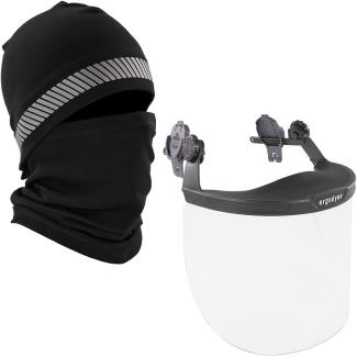 A balaclava face mask and a face shield