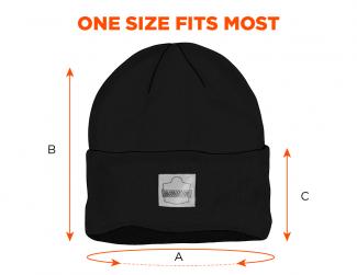 One size fits most. A: hat circumference; B: height of hat; C: height of cuff