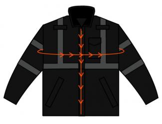 Arrow going around chest of jacket