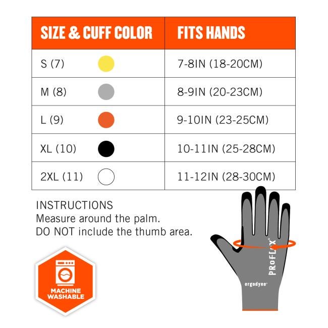 Size chart instructions: measure around the palm. DO NOT include the thumb area. Size & cuff color S(7) fits hands 7-8in(18-20cm). M(8) fits hand 8-9in(20-23cm). L(9) fits hands 9-10in(23-25cm). XL(10) fits hands 10-11in(25-28cm). 2XL(11) fits hands 11-12in(28-30cm). Machine washable.