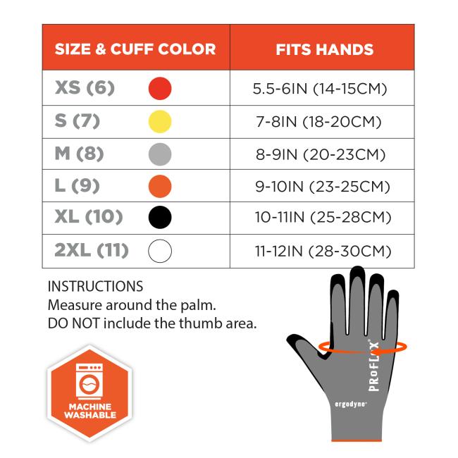 Size chart instructions: measure around the palm. DO NOT include the thumb area. Size & cuff color S(7) fits hands 7-8in(18-20cm). M(8) fits hand 8-9in(20-23cm). L(9) fits hands 9-10in(23-25cm). XL(10) fits hands 10-11in(25-28cm). 2XL(11) fits hands 11-12in(28-30cm). Machine washable.  