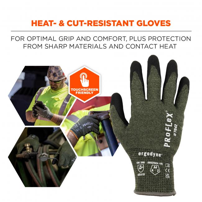 Heat- & cut-resistant gloves: for optimal grip and comfort, plus protection from sharp materials and contact heat. Touchscreen friendly. 