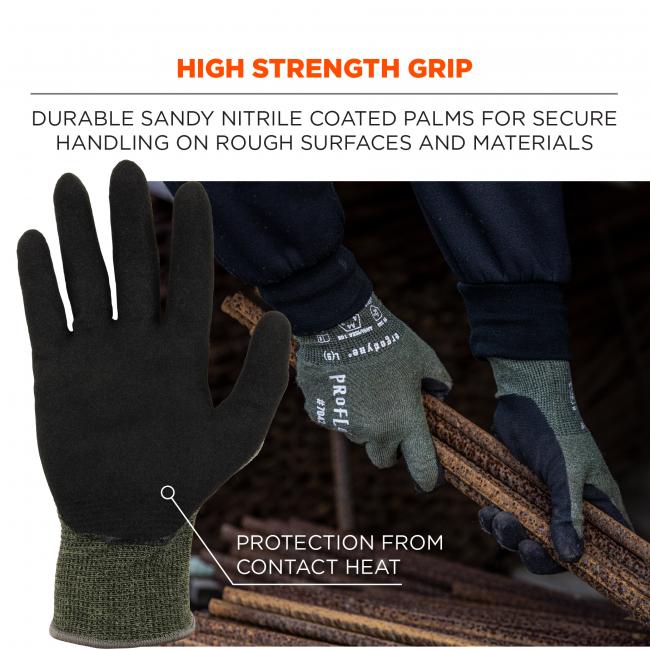 High strength grip: durable sandy nitrile coated palms for secure handling on rough surfaces and materials. Protection from contact heat.