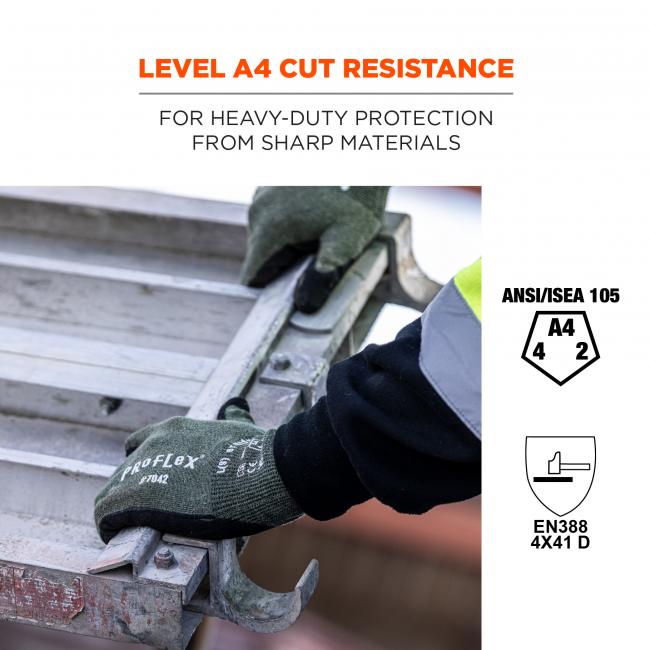 Level A4 cut resistance: for heavy-duty protection from sharp materials. ANSI/ISEA 105 (A4, 4, 2). EN388 4x41 D. 