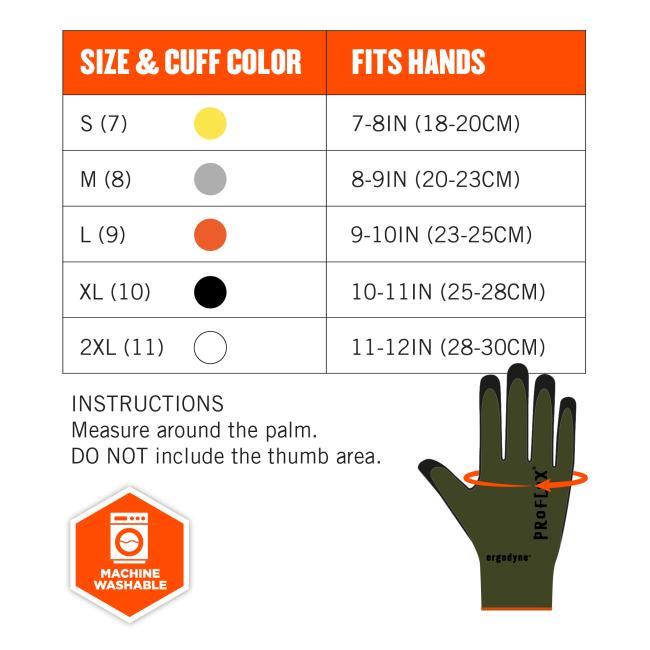 Size chart instructions: measure around the palm. DO NOT include the thumb area. Size & cuff color S(7) fits hands 7-8in(18-20cm). M(8) fits hand 8-9in(20-23cm). L(9) fits hands 9-10in(23-25cm). XL(10) fits hands 10-11in(25-28cm). 2XL(11) fits hands 11-12in(28-30cm). Machine washable.  