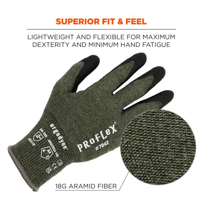 Superior fit and feel: lightweight and flexible for maximum dexterity and minimum hand fatigue. 18G aramid fiber.