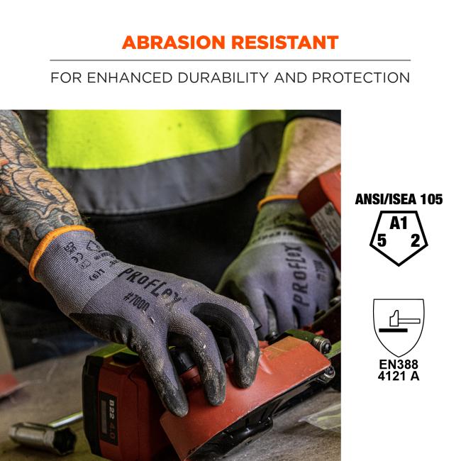 Abrasion resistant: for enhanced durability and protection. ANSI/ISEA 105 (A1, 5, 2). EN388 4121 A. 