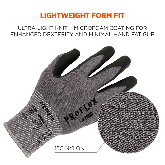Lightweight form fit. Ultra-light knit + microfoam coating for enhanced dexterity and minimal hand fatigue. 15g nylon.