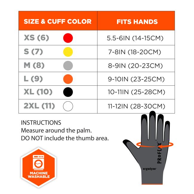 Size chart instructions: measure around the palm. DO NOT include the thumb area. Size & cuff color S(7) fits hands 7-8in(18-20cm). M(8) fits hand 8-9in(20-23cm). L(9) fits hands 9-10in(23-25cm). XL(10) fits hands 10-11in(25-28cm). 2XL(11) fits hands 11-12in(28-30cm). Machine washable badge.  