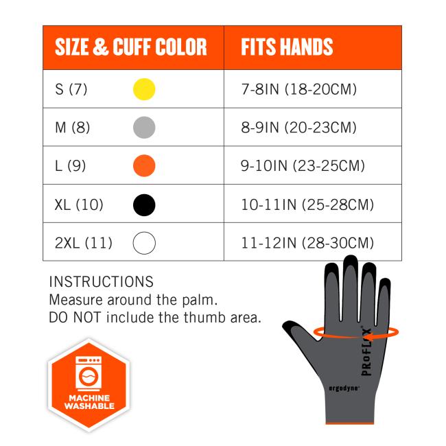 Size chart instructions: measure around the palm. DO NOT include the thumb area. Size & cuff color S(7) fits hands 7-8in(18-20cm). M(8) fits hand 8-9in(20-23cm). L(9) fits hands 9-10in(23-25cm). XL(10) fits hands 10-11in(25-28cm). 2XL(11) fits hands 11-12in(28-30cm). Machine washable.