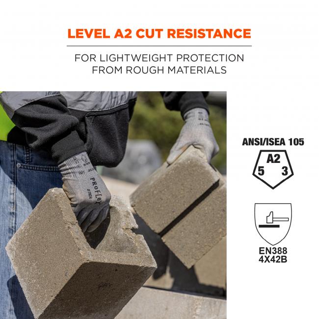 Level A2 cut resistance: for lightweight protection from rough materials. ANSI/ISEA 105 (A1, 5, 3). EN388 4x42b. 