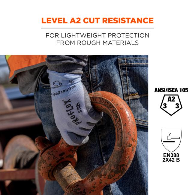 Level A2 cut resistance: for lightweight protection from rough materials. ANSI/ISEA 105 (A2, 3, 3). EN388 2x42 B. 