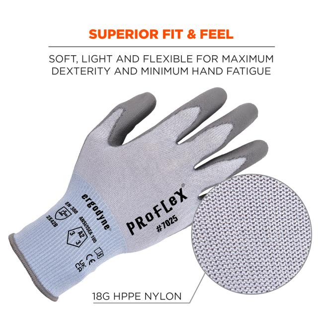 Superior fit & feel: soft, light and flexible for maximum dexterity and minimal hand fatigue. 18G HPPE nylon.