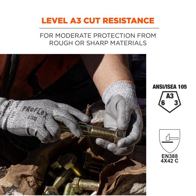 Level A3 cut resistance: for moderate protection from rough or sharp materials. ANSI/ISEA 105 (A2, 6, 3). EN388 4x42 C.