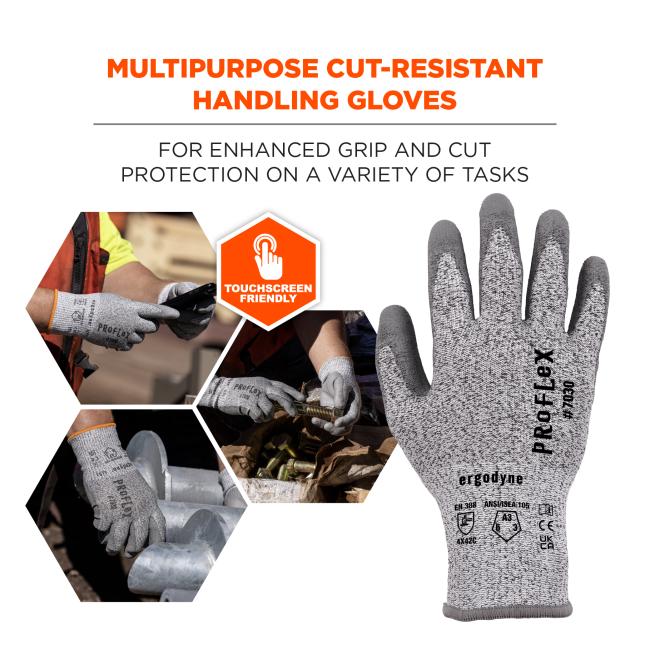 Multipurpose cut-resistant handling gloves: for enhanced grip and cut protection on a variety of tasks. Touchscreen friendly.