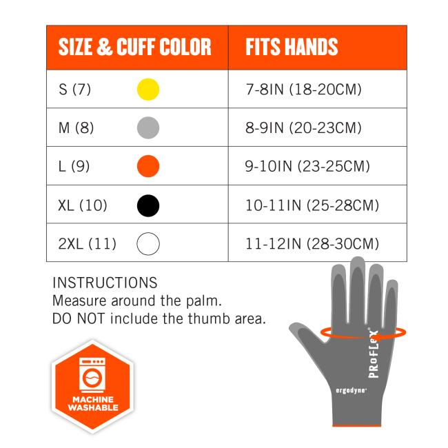 Size chart instructions: measure around the palm. DO NOT include the thumb area. Size & cuff color S(7) fits hands 7-8in(18-20cm). M(8) fits hand 8-9in(20-23cm). L(9) fits hands 9-10in(23-25cm). XL(10) fits hands 10-11in(25-28cm). 2XL(11) fits hands 11-12in(28-30cm). Machine washable.