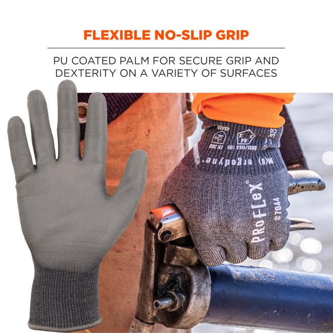 Flexible no-slip grip: PU coated palm for secure grip and dexterity on a variety of surfaces.