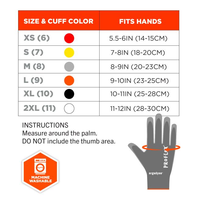 Size chart instructions: measure around the palm. DO NOT include the thumb area. Size & cuff color: XS(6) fits hands 5.5-6in(14-15cm). S(7) fits hands 7-8in(18-20cm). M(8) fits hand 8-9in(20-23cm). L(9) fits hands 9-10in(23-25cm). XL(10) fits hands 10-11in(25-28cm). 2XL(11) fits hands 11-12in(28-30cm). Machine washable..