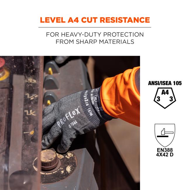 Level A4 cut resistance: for heavy-duty protection from sharp materials. ANSI/ISEA 105 (A4, 3, 3). EN388 4x42 D. 
