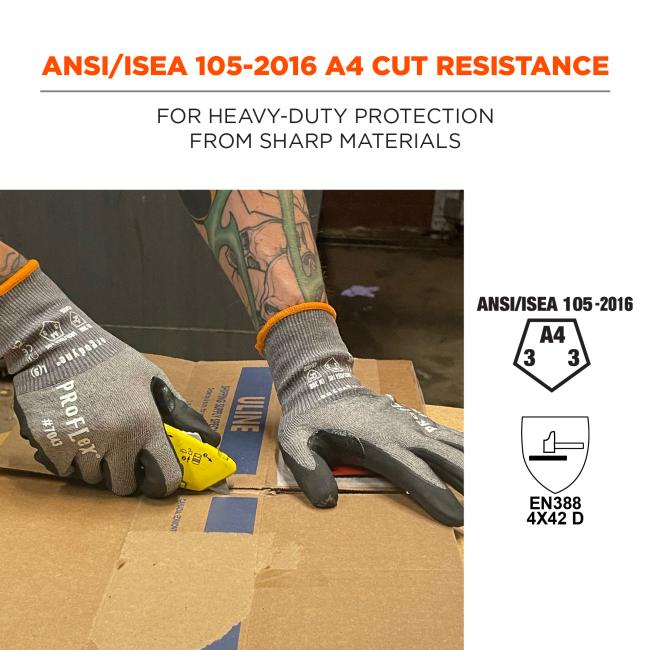 ANSI/ISEA 105-2016 A4 Cut Resistance: For heavy-duty protection from sharp materials. EN388 4x42 D compliant
