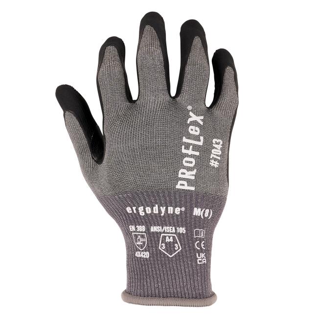Dorsal view of grey nitrile coated glove