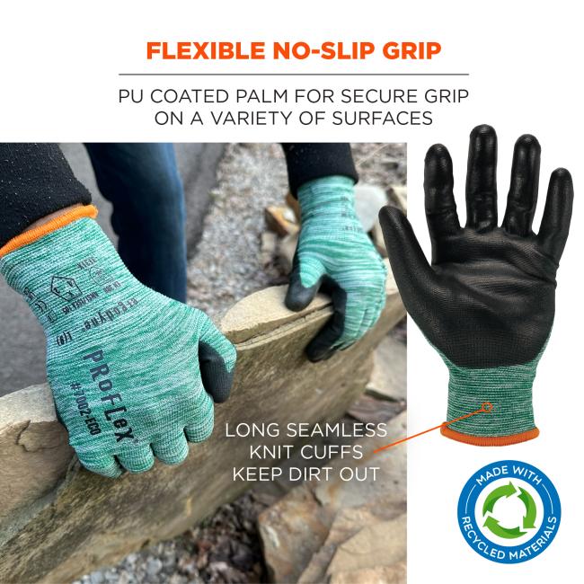 Flexible no-slip grip: PU-coated palm for secure grip on a variety of surfaces. Long seamless knit cuffs keep dirt out .