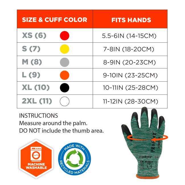 Size chart: Size XS (6) fits hands 5.5-6 inches (14-15 cm). Size S (7) fits hands 7-8 inches (18-20 cm). Size M (8) fits hands 8-9 inches (20-23 cm). Size L (9) fits hands 9-10 inches (23-25 cm). Size XL (10) fits hands 10-11 inches (25-28 cm). Size 2XL (11) fits hands 11-12 inches (28-30 cm) .
