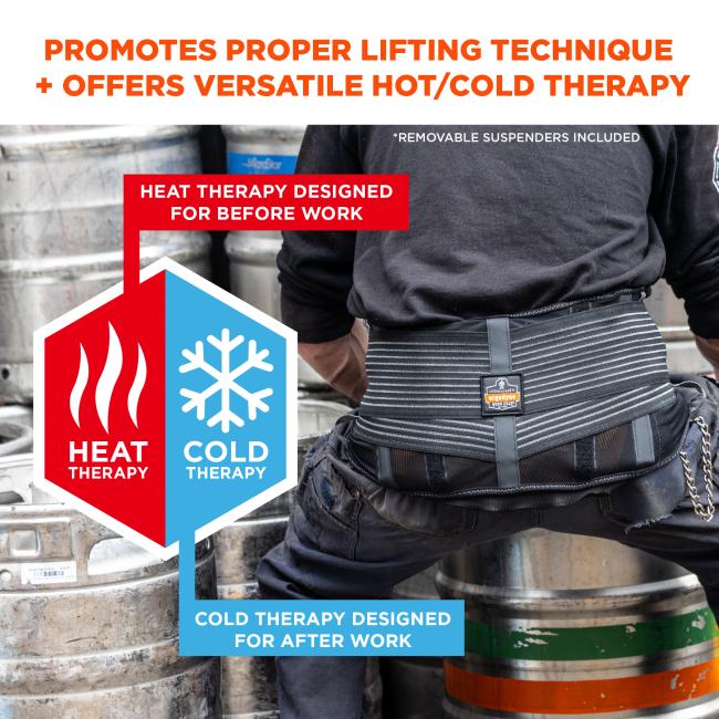 Promotes proper lifting technique and offers versatile hot/cold therapy. Heat therapy designed for before work, cold therapy designed for after work. Removable suspenders included
