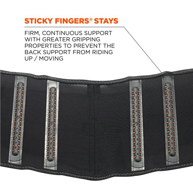 Sticky fingers stays: firm continuous support with greater gripping properties to prevent the back support from riding up/moving