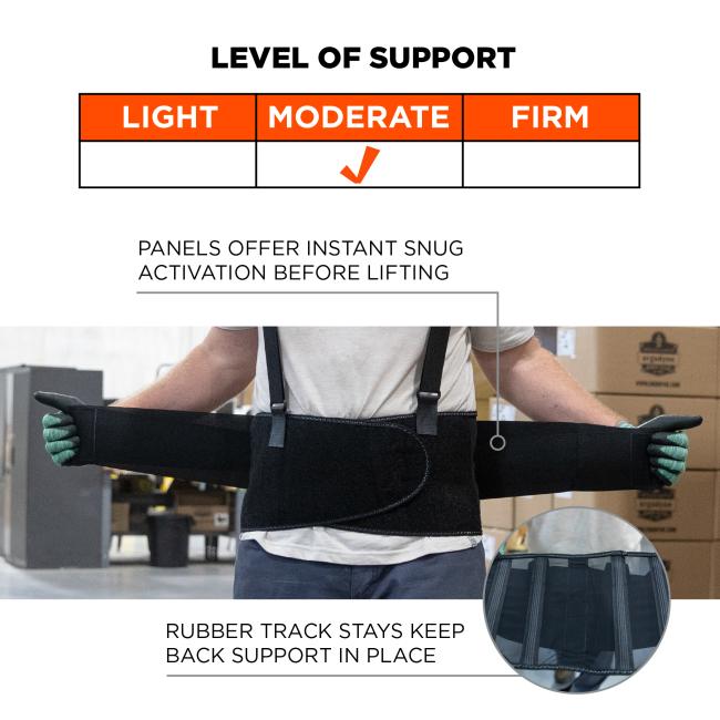 Moderate level of support: panels offer instant snug activation before lifting. Rubber track stays keep back support in place