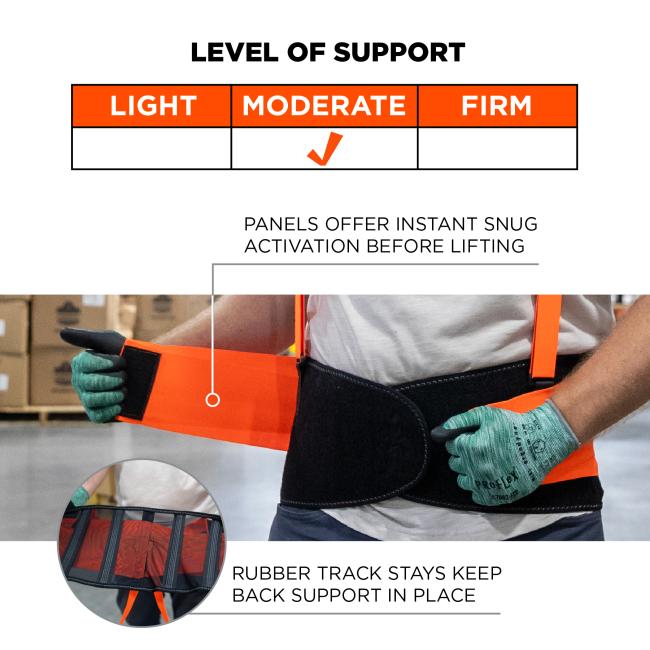 Moderate level of support: panels offer instant snug activation before lifting. Rubber track stays keep back support in place