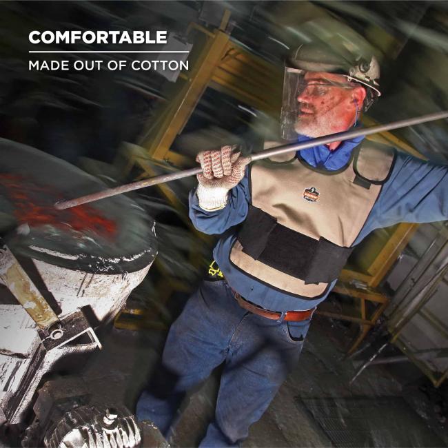 Comfortable: made out of cotton. Image shows factory worker in vest. 