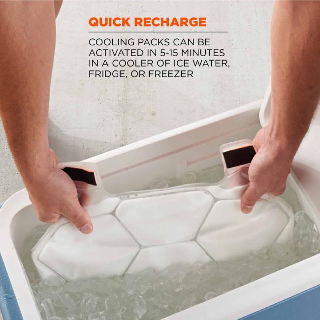 Quick recharge: cooling packs can be activated in 5-15 minutes in a cooler of ice water, fridge or freezer. Image shows person putting packs into cooler full of ice. 