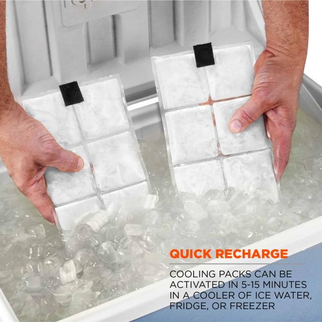 Quick recharge: cooling packs can be activated in 5-15 minutes in a cooler of ice water, fridge or freezer. Image shows person putting packs into cooler full of ice. 