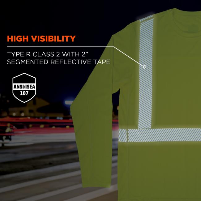 High visibility: type R class 2 with 2 inch segmented reflective tape. Compliant with ANSI/ISEA 107