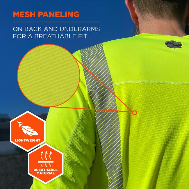 Mesh paneling: on back and underarms for a breathable fit. Lightweight, breathable material