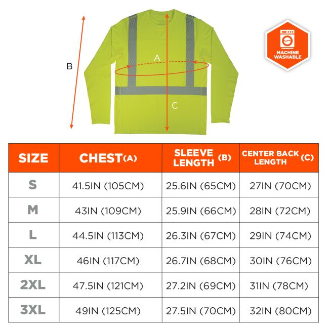 Size chart. Machine Washable. Small (S): Chest 41.5IN (105CM), Sleeve Length 25.6IN (65CM), Center Back Length 27IN (70CM). Medium (M): Chest 43IN (109CM), Sleeve Length 25.9IN (66CM), Center Back Length 28IN (72CM). Large (L): Chest 44.5IN (113CM), Sleeve Length 26.3IN (67CM), Center Back Length 29IN (74CM). Extra Large (XL): Chest 46IN (117CM), Sleeve Length 26.7IN (68CM), Center Back Length 30IN (76CM). 2X Large (2XL): Chest 47.5IN (121CM), Sleeve Length 27.2IN (69CM), Center Back Length 31IN (78CM). 3X 