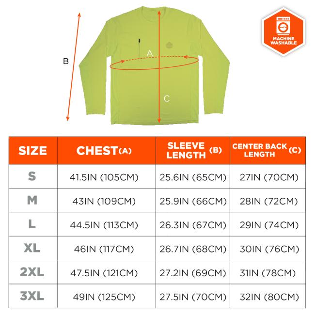 Size chart. Chest=A, sleeve length=B, center back length=C.Size S, A:41.5in(105cm), B: 25.6in(65cm),C: 27in(70cm). Size M, A:43in(109cm), B: 25.9in(66cm),C: 28in(72cm). Size L, A:44.5in(113cm), B: 26.3in(67cm),C: 29in(74cm). Size XL, A:46in(117cm), B: 26.7in(68cm),C: 30in(76cm). Size 2XL, A:47.5in(121cm), B: 27.2in(69cm),C: 31in(78cm). Size 3XL, A:49.5in(125cm), B: 27.5in(70cm),C: 32in(80cm).