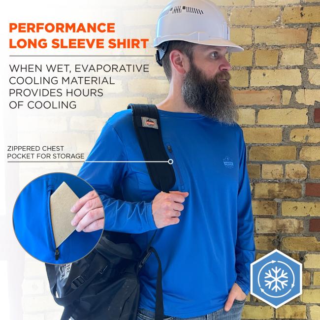 Performance long sleeve shirt: when wet, evaporative cooling material provides hours of cooling. Zippered chest pocket for storage.