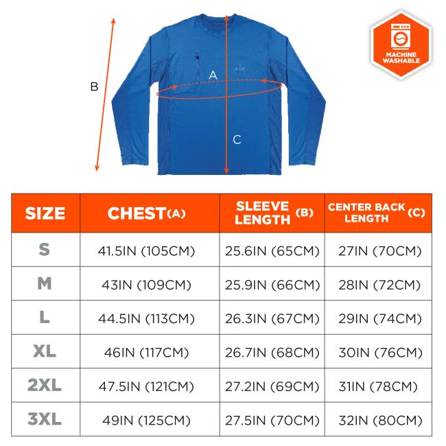 Size chart. Chest=A, sleeve length=B, center back length=C.Size S, A:41.5in(105cm), B: 25.6in(65cm),C: 27in(70cm). Size M, A:43in(109cm), B: 25.9in(66cm),C: 28in(72cm). Size L, A:44.5in(113cm), B: 26.3in(67cm),C: 29in(74cm). Size XL, A:46in(117cm), B: 26.7in(68cm),C: 30in(76cm). Size 2XL, A:47.5in(121cm), B: 27.2in(69cm),C: 31in(78cm). Size 3XL, A:49.5in(125cm), B: 27.5in(70cm),C: 32in(80cm).