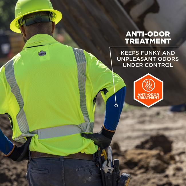 Anti-odor treatment: keeps funky and unpleasant odors under control. Image shows construction worker in sleeves. 