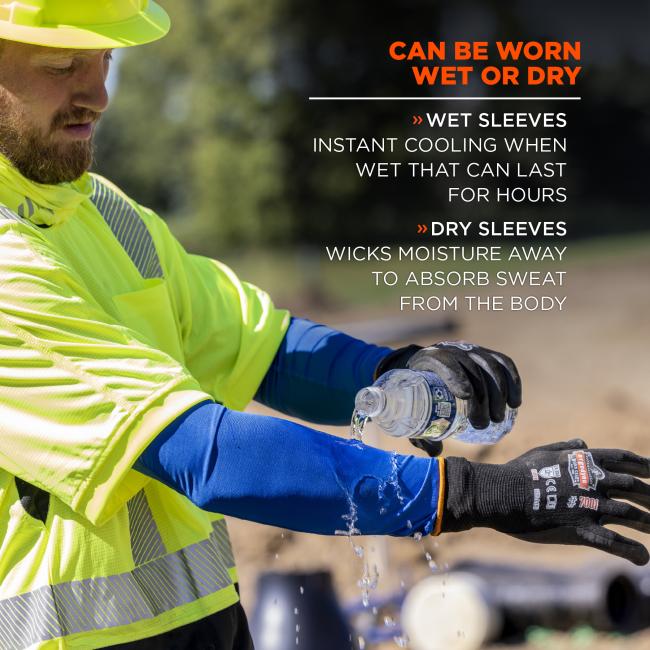 Can be worn wet or dry. Wet sleeves: instant cooling when wet that can last for hours. Dry sleeves: wicks moisture away to absorb sweat from the body. 