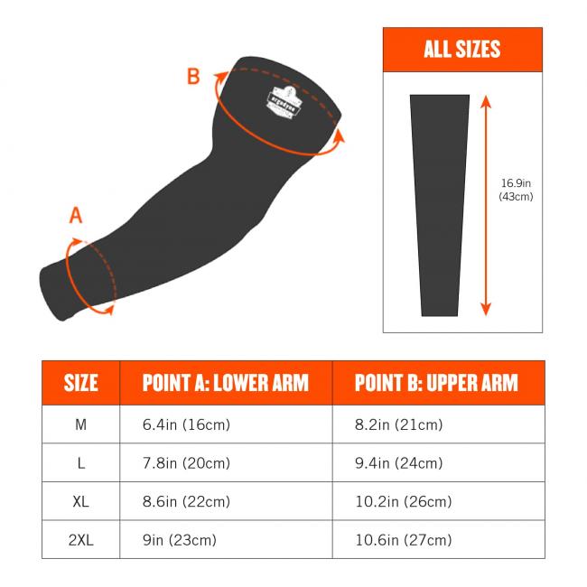 Size chart. Image shows to measure A around wrist and B around bicep. All sizes have a length of 16.9in(43cm). Size M, Point A=6.4in(16cm), Point B=8.2in(21cm). Size L, Point A=7.8in(20cm), Point B=9.4in(24cm). Size XL, Point A=8.6in(22cm), Point B=10.2in(26cm). Size 2XL, Point A=9in(23cm), Point B=10.6in(27cm). 