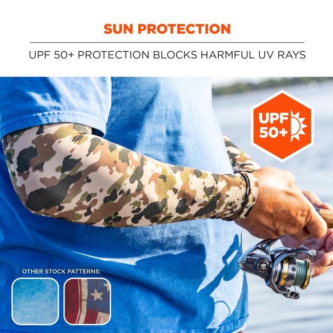 Sun protection: UPF 50+ protection blocks harmful UV rays. Anti-odor treatment. Pattern options include blue, American flag, and camo.