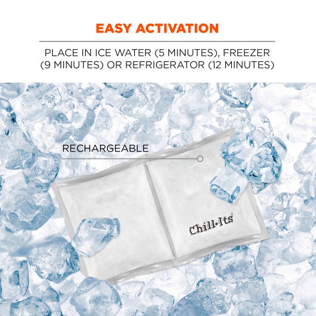 Easy activation. Place in ice water 5 minutes, freezer 9 minutes or refrigerator 12 minutes. Rechargeable