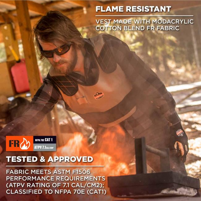 Flame resistant: vest made with modacrylic cotton blend FR fabric. Tested & approved: fabric meets ASTM F1506 performance requirements (ATPV rating of 7.1cal/cm2); Classified to NFPA 70e (CAT1)
