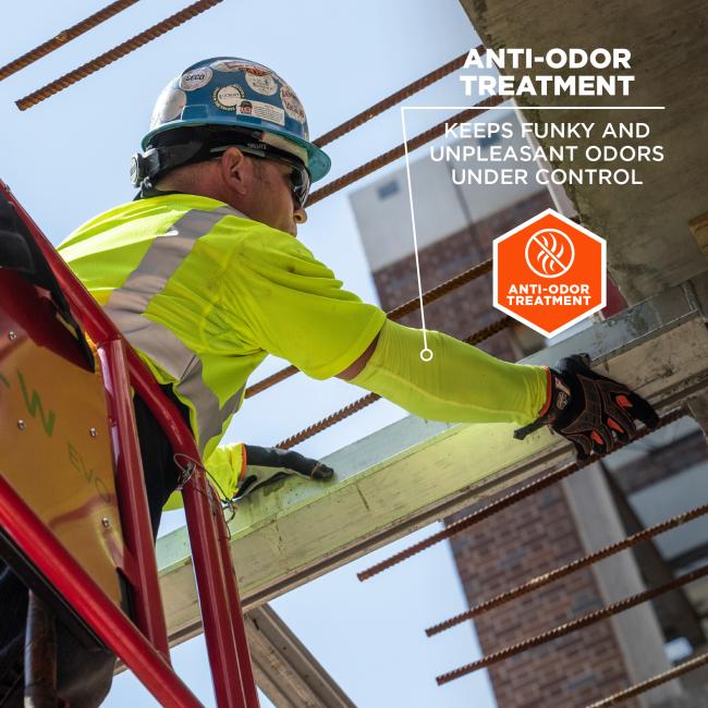 Anti-odor treatment: keeps funky and unpleasant odors under control. Image shows construction worker in sleeves. 