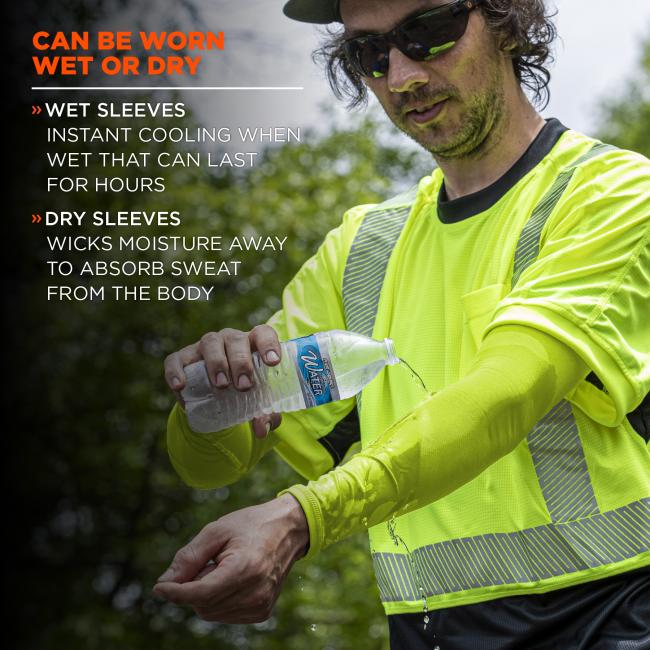 Can be worn wet or dry. Wet sleeves: instant cooling when wet that can last for hours. Dry sleeves: wicks moisture away to absorb sweat from the body. 