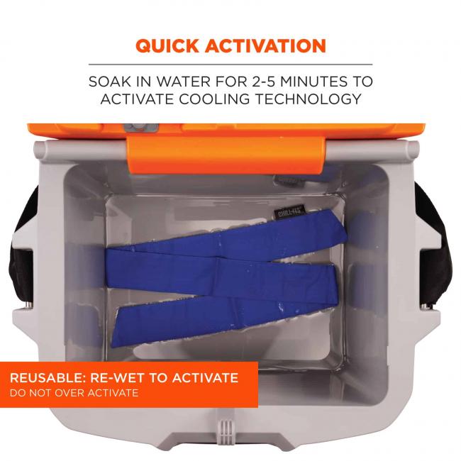 Quick activation: soak in water for 2-3 minutes to activate cooling technology. Orange flag says reusable: re-wet to activate. Do not over activate.